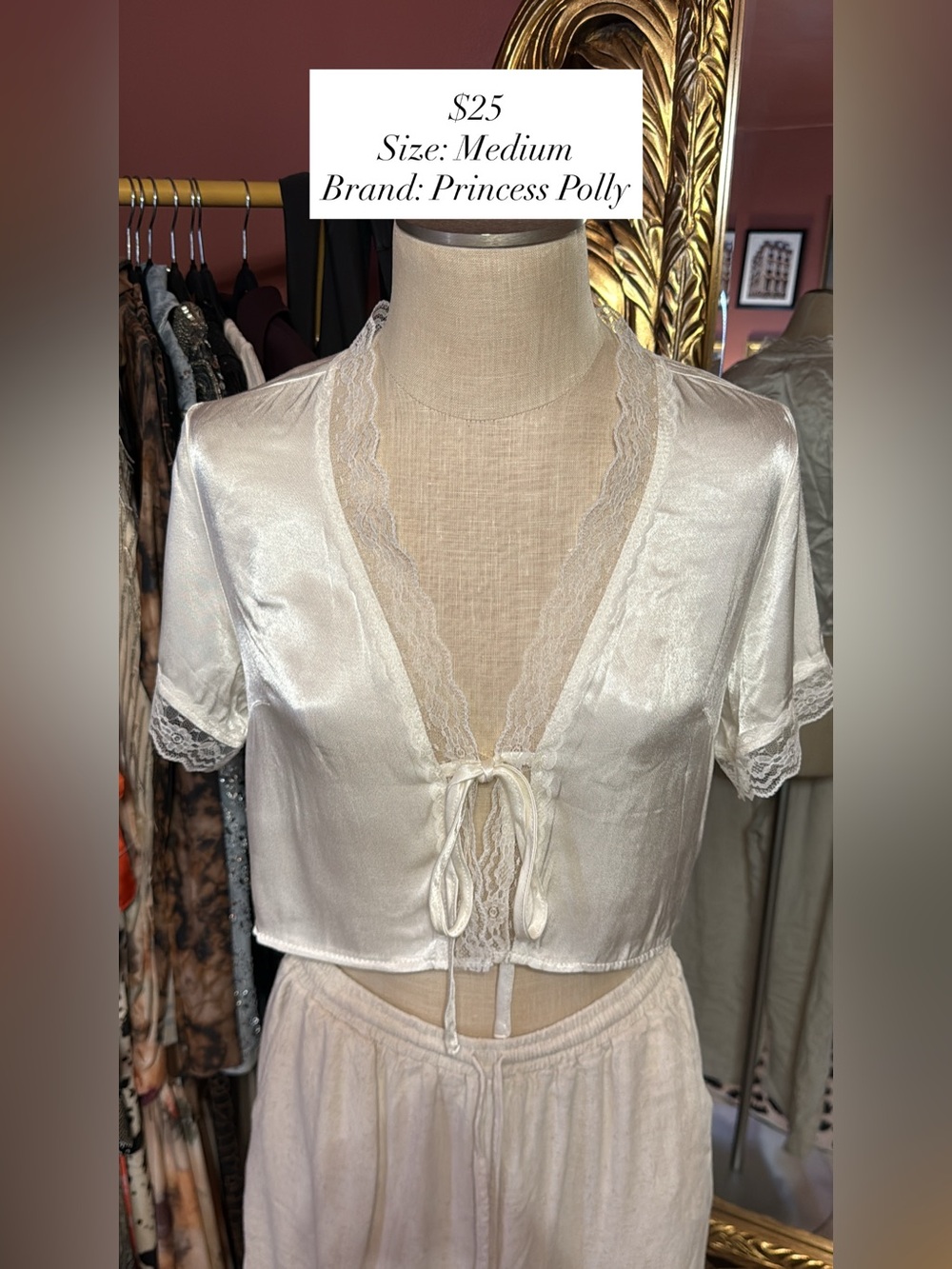 Princess Polly Ivory Satin Lace Tie-Front Crop Blouse